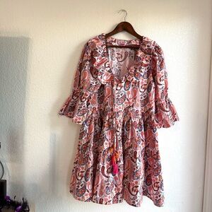 Sal Rosa Womens Dress Pink Multicolor Paisley Ruffle Collar Tiered Size Large